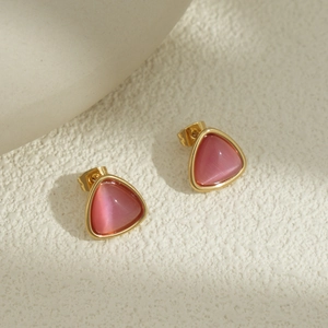 Triangle Stud Earrings Stainless Steel 18K Gold Plated Pink Cat Eye Stone Geometric Minimalist Jewelry For Women