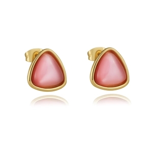 Elegant 18K gold-plated triangle stud earrings with pink cat eye stones for women