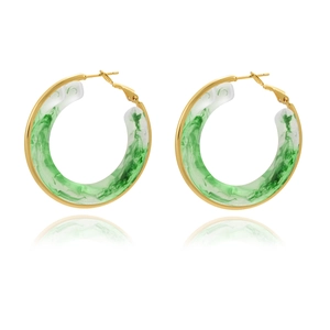 Exaggerated gold-plated resin hoop earrings with green marble texture and pin closure