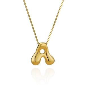 Collier en métal doré poli avec pendentif lettre A gonflé et chaîne à maillons fins