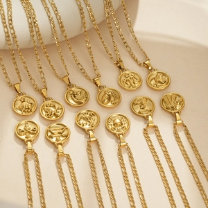 Stainless Steel Gold Plated Zodiac Coin Pendant Necklace For Men Women Minimalist Figaro Chain Twelve Constellations Jewelry