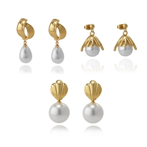 Three gold 18k earrings styles featuring elegant white pearls on a white background