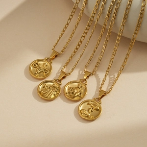 Gold stainless steel Figaro chain necklaces with embossed zodiac coin pendants
