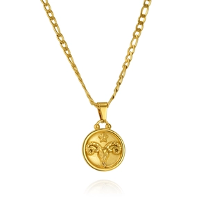 Gold Aries zodiac coin pendant on Figaro chain necklace with embossed ram head detail