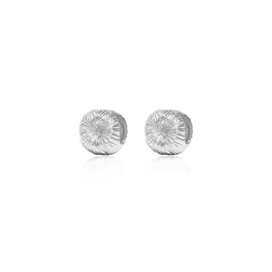 Macro detail of silver spherical earrings featuring textured fireworks brushed pattern finish