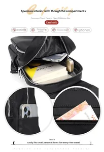 Détails des compartiments du sac à dos en nylon montrant les poches et l'espace de rangement