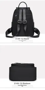 Vue détaillée du dos et du fond du sac à dos en nylon noir imperméable pour femme