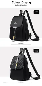 Détails de deux sacs à dos en nylon noir imperméable avec breloques et rabats de design