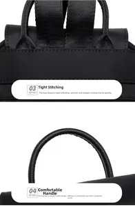 Détails des coutures renforcées et de la poignée supérieure confortable du sac à dos noir