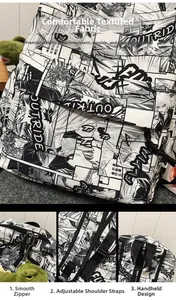 Detail of durable water-resistant fabric and smooth zippers on comic print backpack