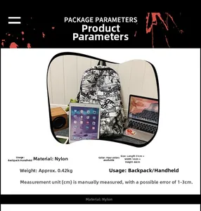 Detailed spec sheet showing a street style printed backpack with 31x14x44cm dimensions