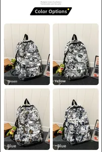 Collage of four anime print backpacks in black, green, yellow, and blue colors