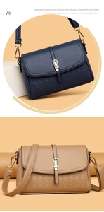Detailed view of leather shoulder bags with quilted patterns in blue and khaki finishes