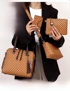 Detailed close-up of a 4-piece women's printed handbag set including a tote and crossbody bag