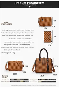 Detailed size chart for printed tote bag set including four versatile brown checkered bags