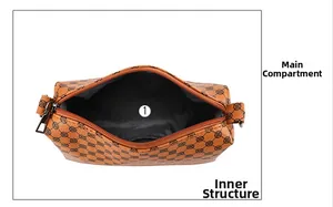 Internal view of a brown printed medium zipper pouch with smooth lining and spacious main compartment