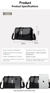 Detailed size specifications and interior structure of black textured leather shoulder bag