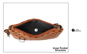 Internal view of brown printed handbag showing main pocket and gray fabric lining