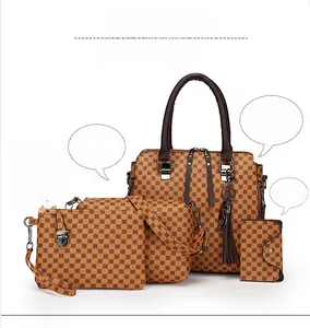 Brown monogram 4-piece handbag set featuring a tote, crossbody, clutch and card holder