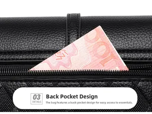 Detail of black litchi leather bag showing the rear zipper pocket and quilted texture