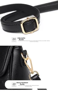 Detail of black lychee leather bag with gold-tone metal buckles and adjustable hardware