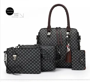 Front view of a 4-piece dark grey printed handbag set with tote, crossbody bag and purse