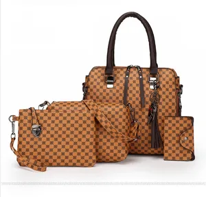 Detailed view of 4-piece women's brown tote bag set with geometric floral patterns