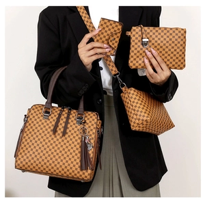 Four-piece women fashion bag set in brown vintage geometric print with tassels