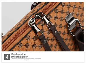 Detail of brown litchi grain leather bag with dual metal zippers and geometric prints