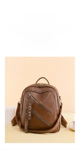 Macro shot of brown pebble grain PU leather backpack showing fringe and silver hardware details