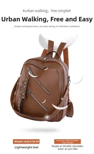 Detail of lightweight brown PU leather backpack with silver rivets and zippers