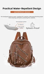 Close-up of waterproof brown PU leather backpack fabric showing triple layer splash resistance