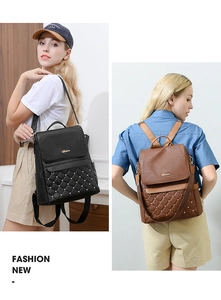 Detail view of Balina quilted leather backpack with metal rivets and side pockets