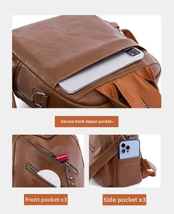 Detail view of brown PU backpack showing anti-theft back pocket and multi-layer zipper compartments