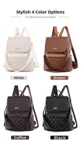 Showcase of four vintage leather backpacks in white, brown, coffee, and black tones