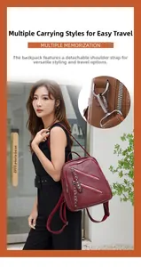 Detail view of burgundy leather backpack featuring rivet decor and detachable shoulder strap