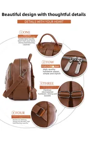 Detailed views of brown leather backpack featuring reinforced straps and premium hardware