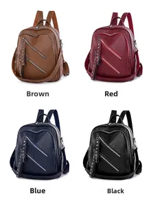 Collage of PU leather backpacks in brown, red, blue, and black with rivet details