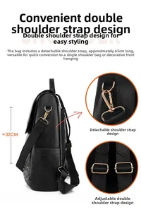 Detail view of black faux leather backpack with diamond stitching and adjustable straps