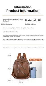 Detail view of brown PU leather backpack dimensions with tablet for scale comparison