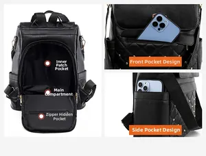 Detail view of black quilted backpack showing interior compartments and functional pockets