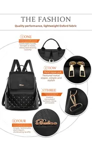 Detail of quilted black oxford backpack with gold rivets and metallic logo hardware