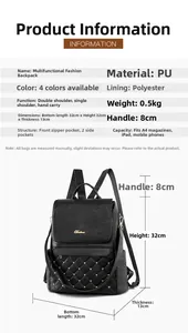 Detailed view of black PU leather backpack showing dimensions and diamond quilted pattern