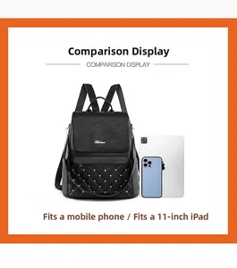 Quilted black leather backpack showing interior capacity for an 11-inch iPad and phone