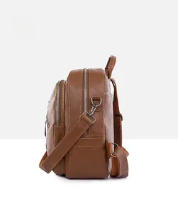 Side view showing multi-layer zipper design and metal hardware on brown PU leather backpack