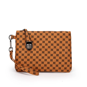 Brown printed faux leather clutch bag with geometric pattern and metal clasp closure