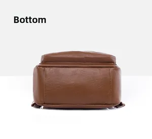 Detail view of the brown PU leather backpack bottom showing stitching and texture