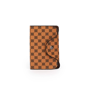 Compact brown leather multi-piece set wallet with clover pattern and metal snap button