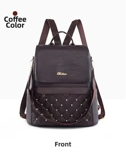 Detailed front view of coffee brown faux leather backpack with quilted diamond pattern