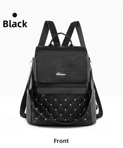 Front view of black PU leather backpack with diamond quilted pattern and gold rivets